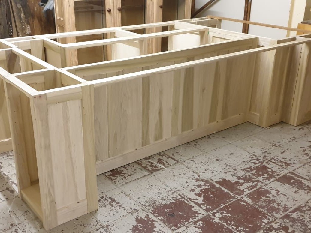 The kitchen island frame being built from tulipwood in the workshop